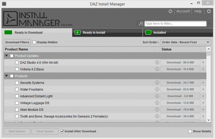 The DAZ Install Manager interface by DAZ 3D